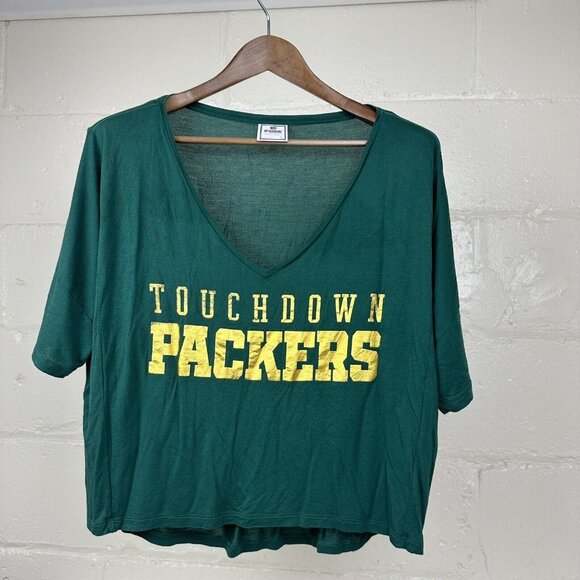 PINK Green Bay Packers Crop Top Loose Shirt Womens Large Deep V Neck Green Gold - Picture 1 of 5